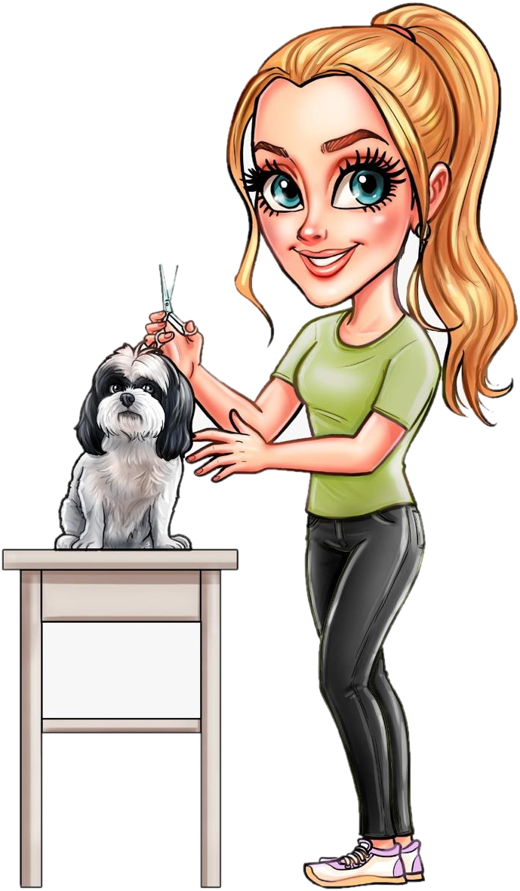 A Mi e a Ayla, sua shih-tzu, na mesa de tosa do Pet da Mi